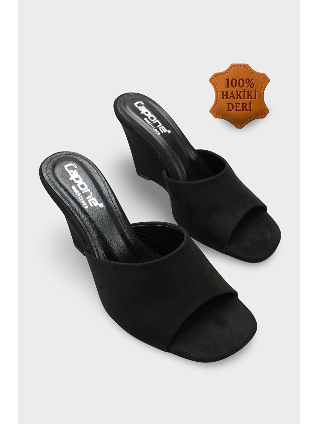 Siyah Maurene Hakiki Deri Astarlı Feta Dolgu Topuklu Kadın Terlik-1