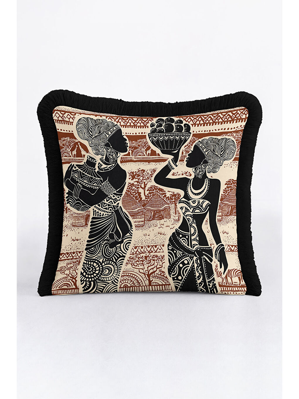 Karışık Afrika Esintili Etnik Saçaklı Yastık Kılıfı - Bohem Doğal Kahverengi Siyah Püsküllü Kırlent Kılıfı-2