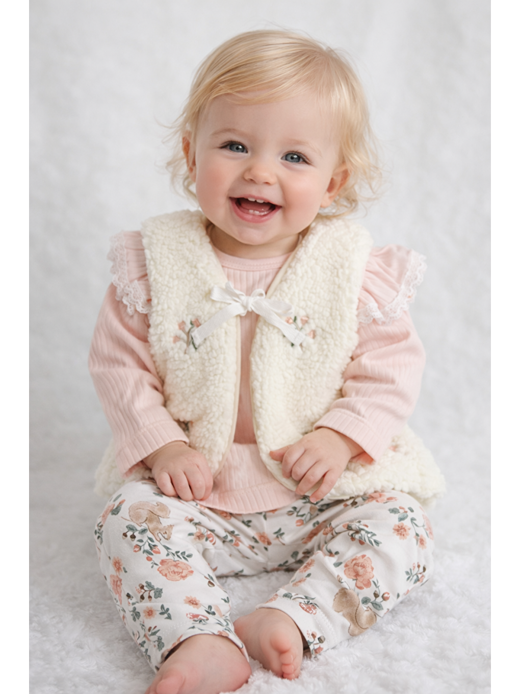 Pembe Kız Bebek Çiçekli Pelüş Yelekli 3 Parça Bebek Takımı Üst Alt Set Pamuklu Bayramlık-1