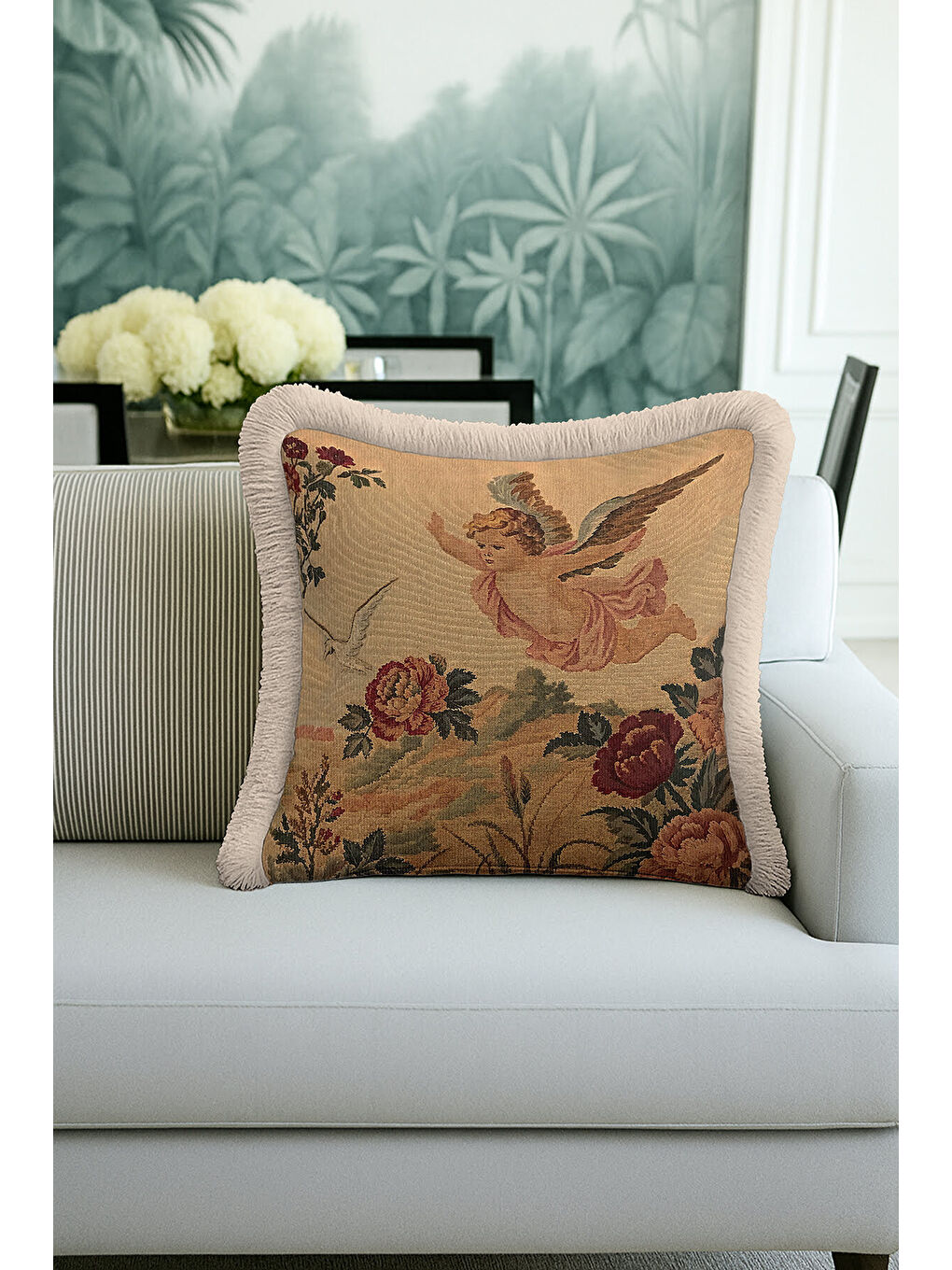 Karışık Barok Melek Figürlü Saçaklı Yastık Kılıfı - Nostaljik Klasik Altın Renkli Püsküllü Kırlent Kılıfı-1