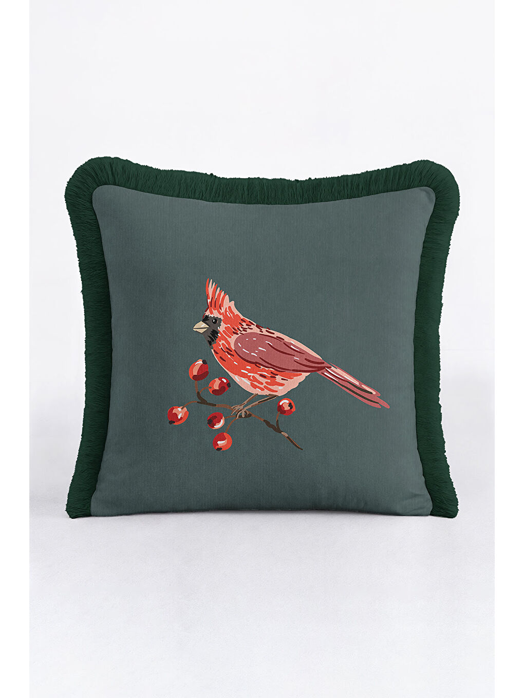 Karışık Kırmızı Kuşlu Saçaklı Yastık Kılıfı - Doğadan Esinlenen Modern Yeşil Püsküllü Kırlent Kılıfı-4