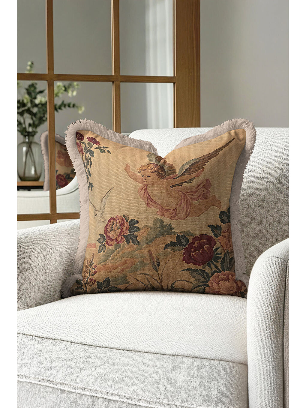 Karışık Barok Melek Figürlü Saçaklı Yastık Kılıfı - Nostaljik Klasik Altın Renkli Püsküllü Kırlent Kılıfı-2