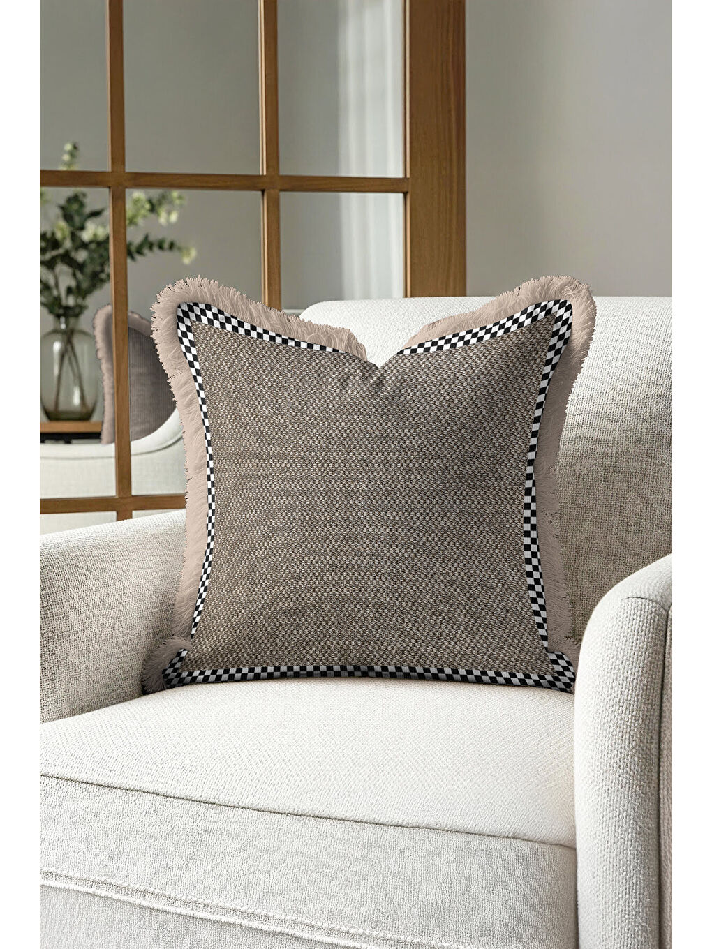 Karışık Zarif Geometrik Çizgili Saçaklı Yastık Kılıfı - Monokrom Modern Bej Siyah Püsküllü Kırlent Kılıfı-4