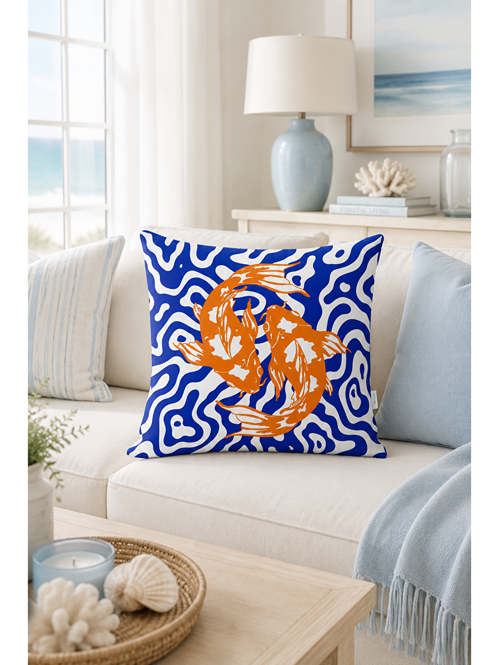Beyaz Koi Balığı Mavi Turuncu Desenli Dekoratif Kırlent Kılıfı Modern Salon Dekoru 43x43 Cm-4