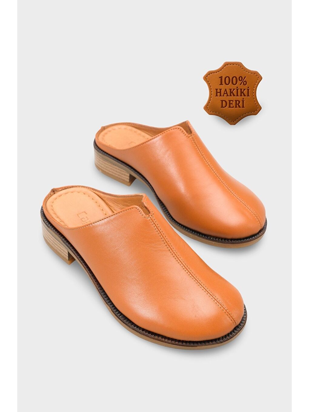 Kahverengi Nancey Hakiki Deri Kısa Topuklu Kadın Sabo Terlik-1