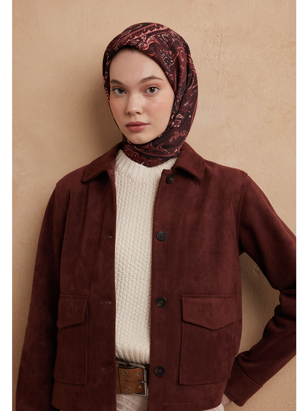 Dark Vıntage Desen Pamuk İpek Eşarp Bordo