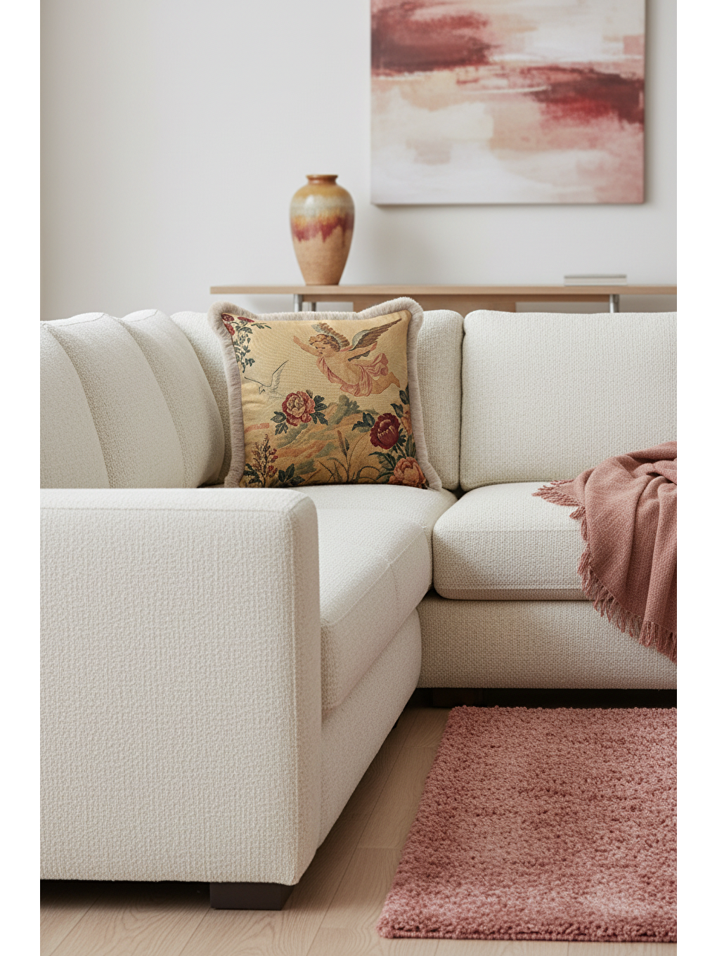 Karışık Barok Melek Figürlü Saçaklı Yastık Kılıfı - Nostaljik Klasik Altın Renkli Püsküllü Kırlent Kılıfı-3