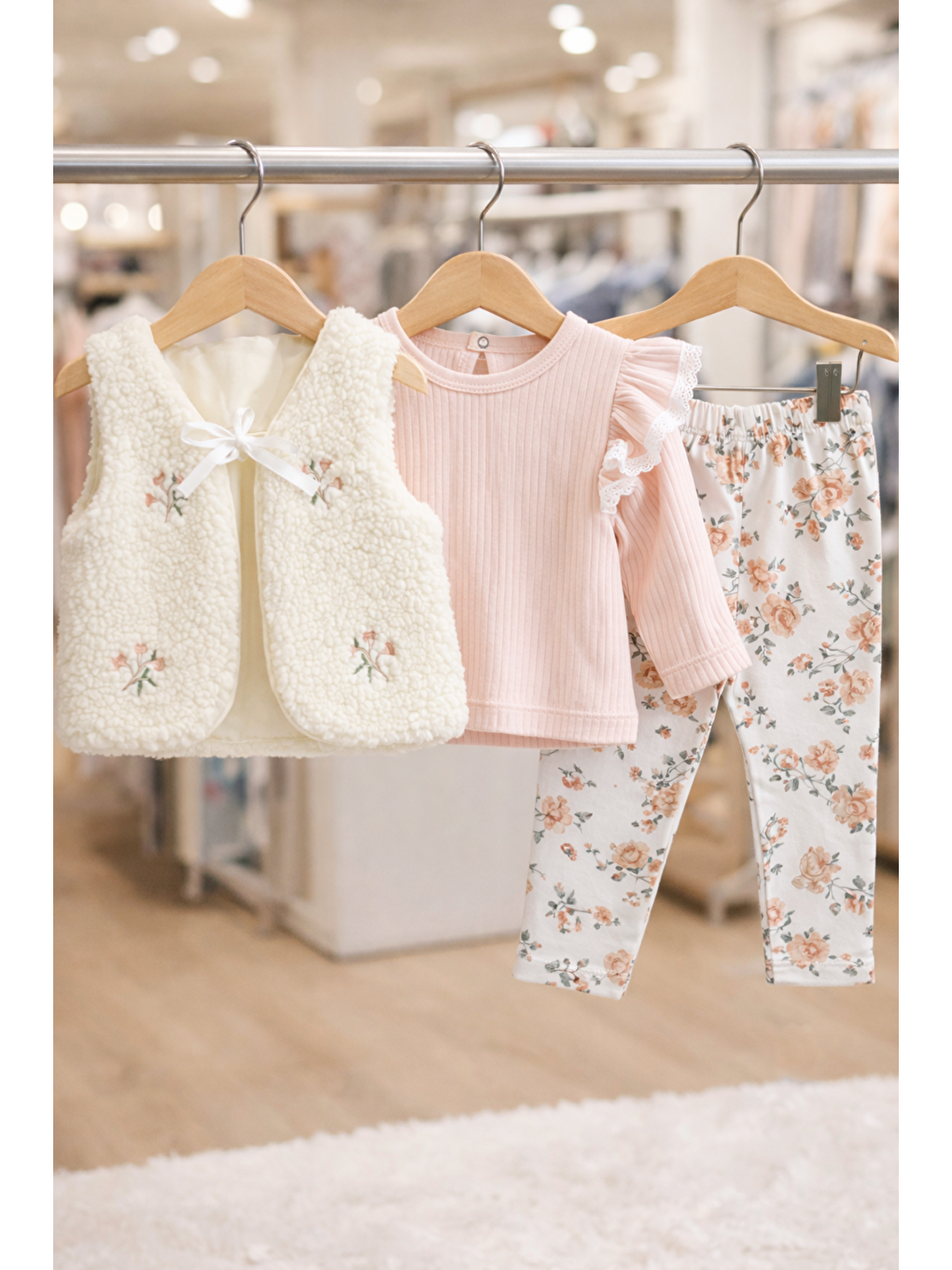Pembe Kız Bebek Çiçekli Pelüş Yelekli 3 Parça Bebek Takımı Üst Alt Set Pamuklu Bayramlık-2