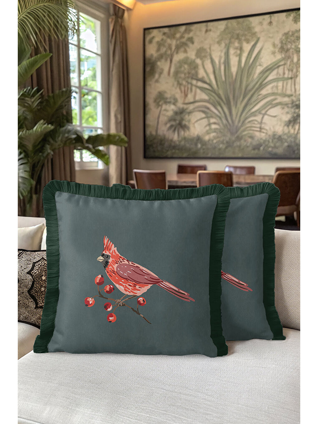Karışık Kırmızı Kuşlu Saçaklı Yastık Kılıfı - Doğadan Esinlenen Modern Yeşil Püsküllü Kırlent Kılıfı-5