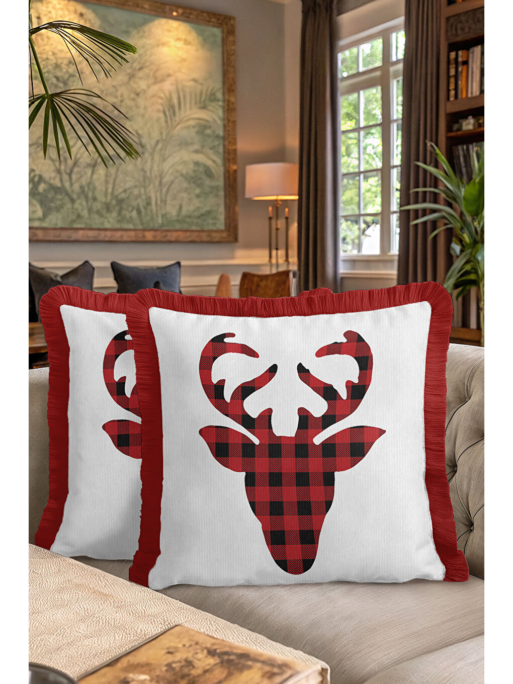 Karışık Kareli Geyikli Saçaklı Yastık Kılıfı - Kış Rustik Kırmızı Beyaz Püsküllü Kırlent Kılıfı-7
