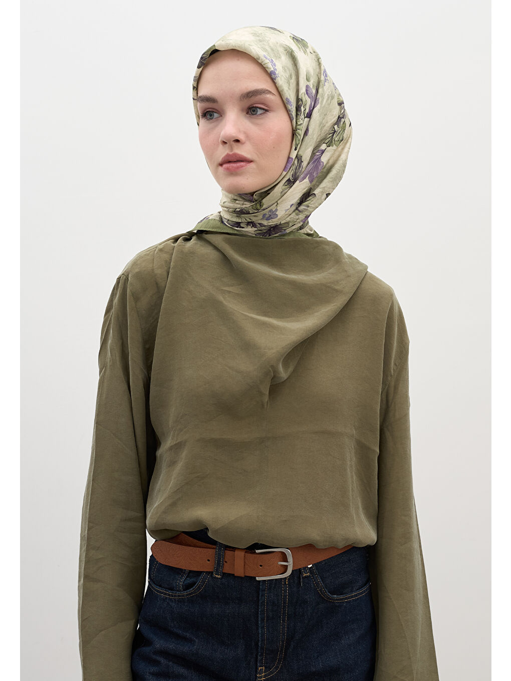 Fall Breeze Desen Pamuklu Viskon Eşarp Mint Yeşili-1