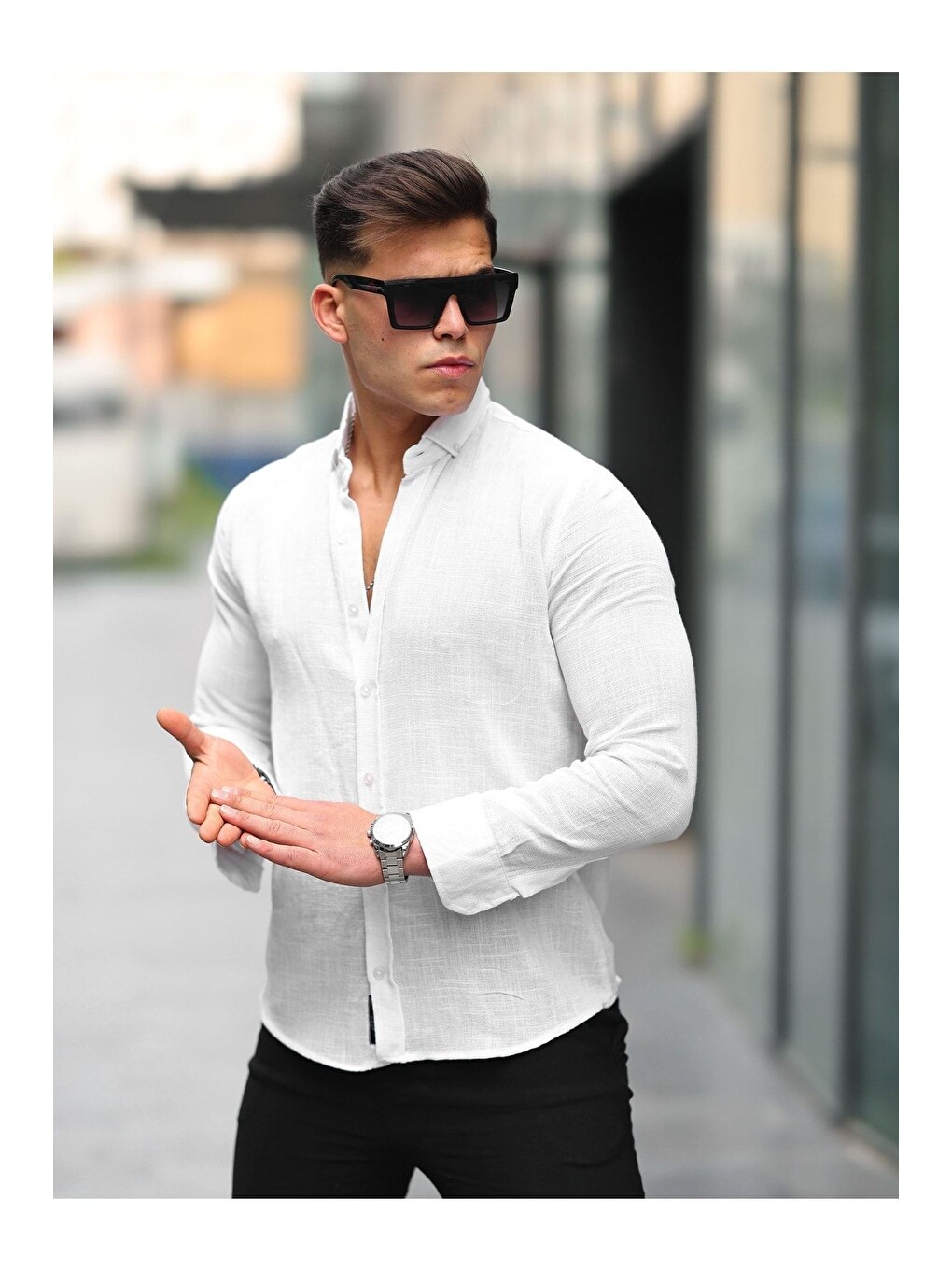 Beyaz Erkek A Kalite Keten Slim Fit Uzun Kol Gömlek