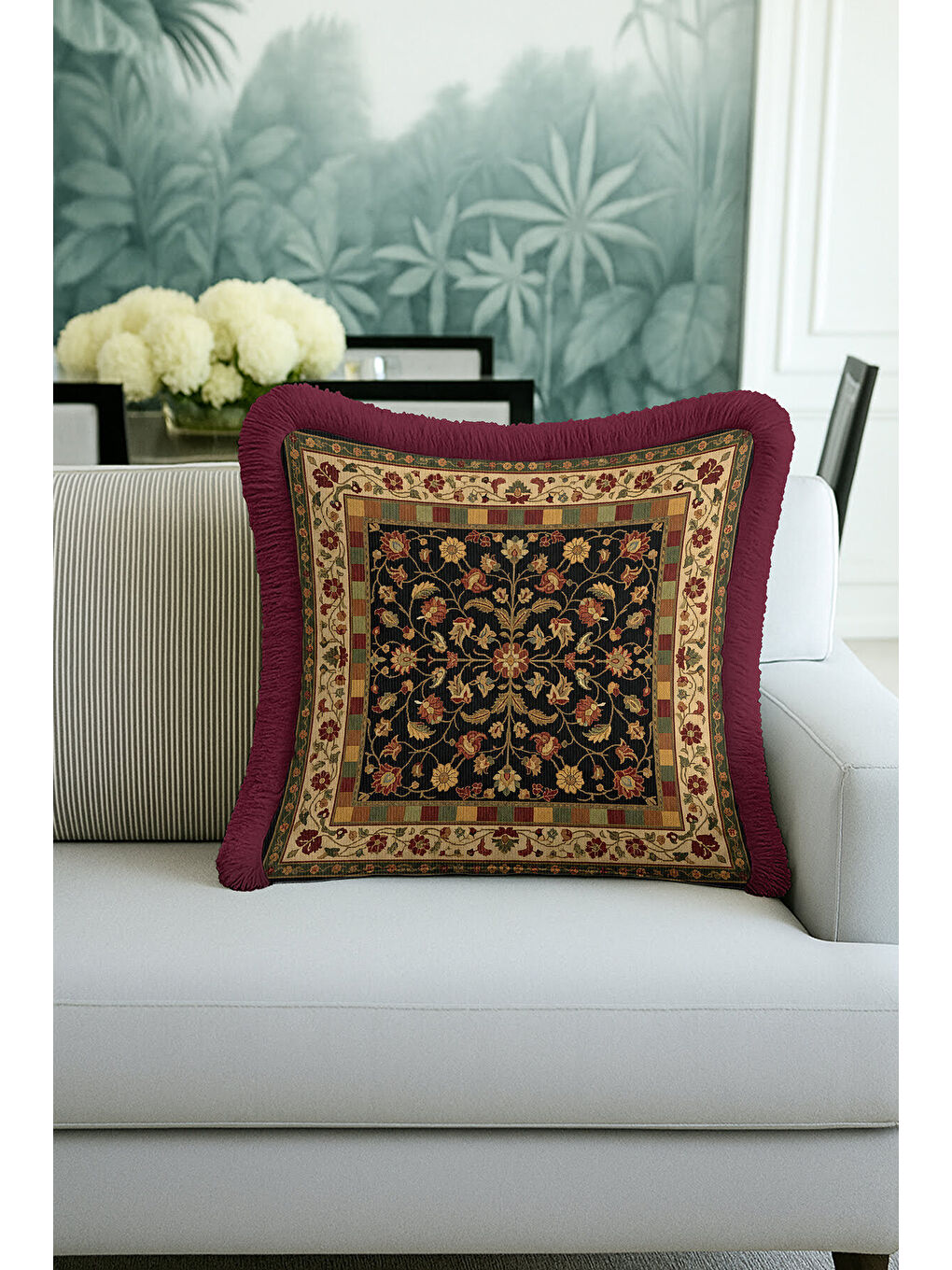 Karışık Saray Motifli Saçaklı Yastık Kılıfı - Vintage Etnik Altın Renkli Bordo Püsküllü Kırlent Kılıfı-2