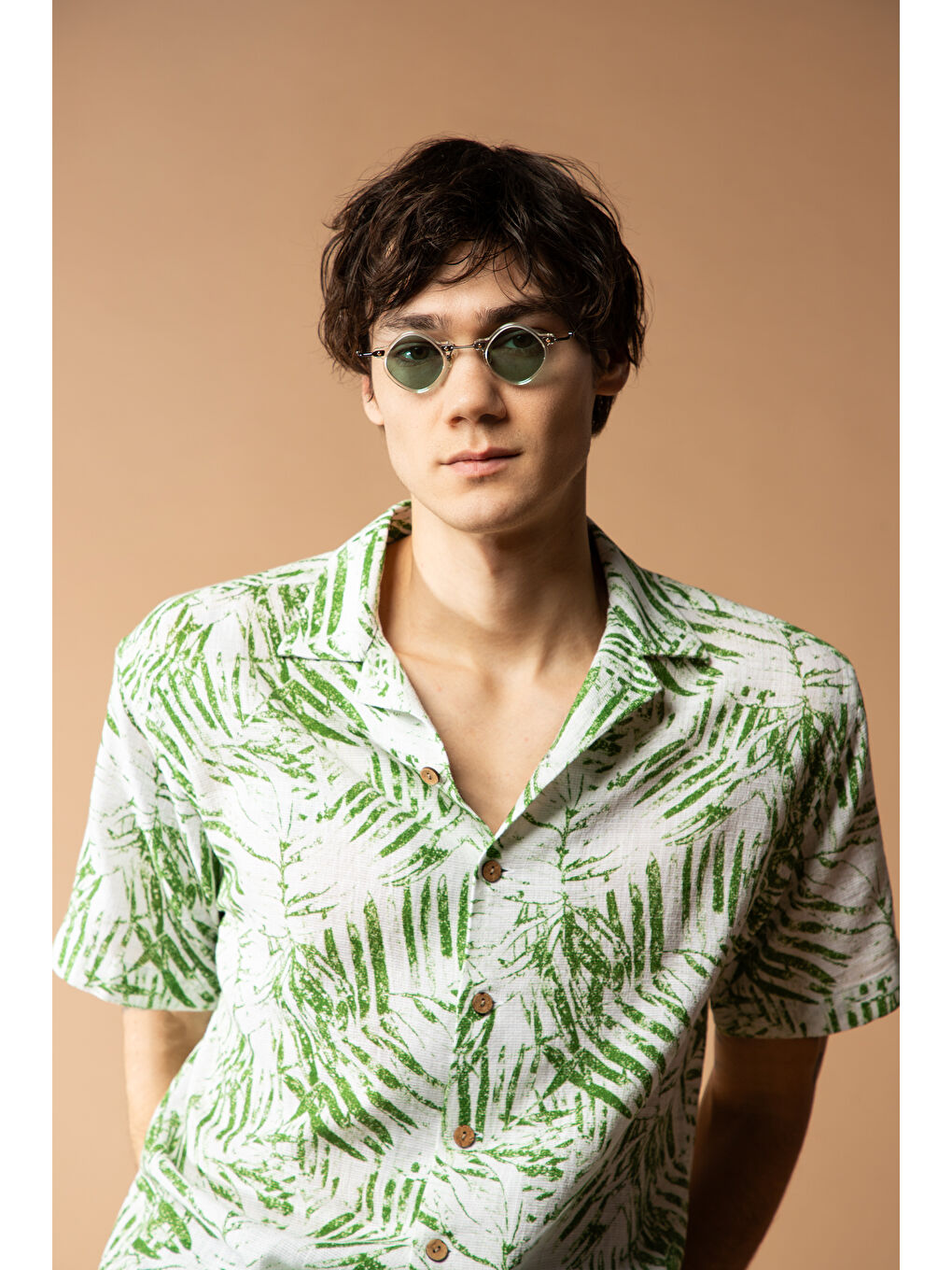Yeşil Kısa Kol Oversize Desenli Spor Pamuk Gömlek