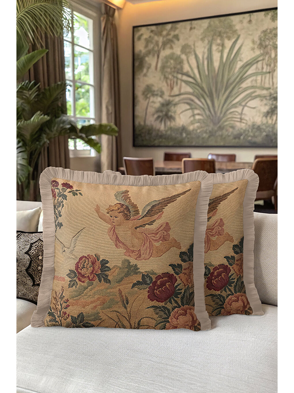 Karışık Barok Melek Figürlü Saçaklı Yastık Kılıfı - Nostaljik Klasik Altın Renkli Püsküllü Kırlent Kılıfı-5