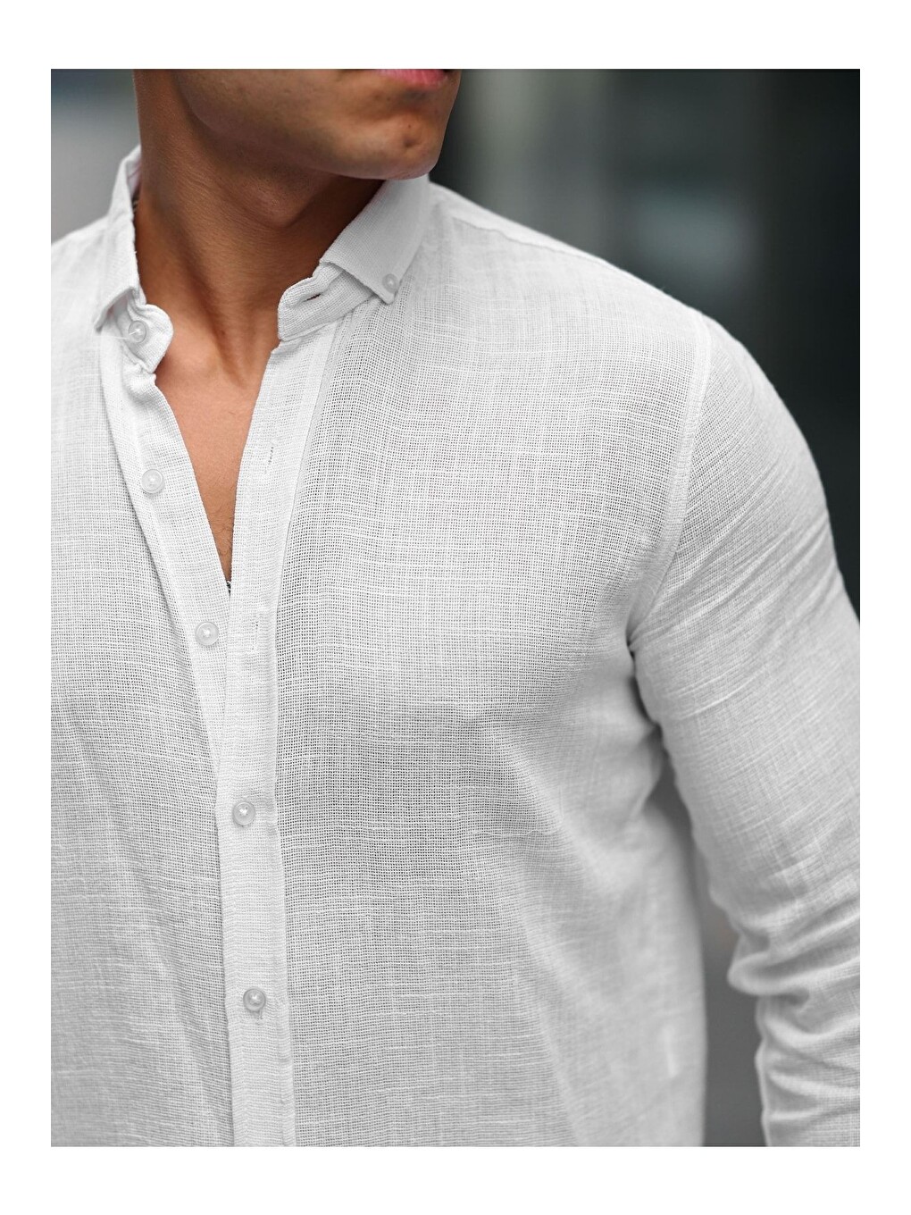 Beyaz Erkek A Kalite Keten Slim Fit Uzun Kol Gömlek-1