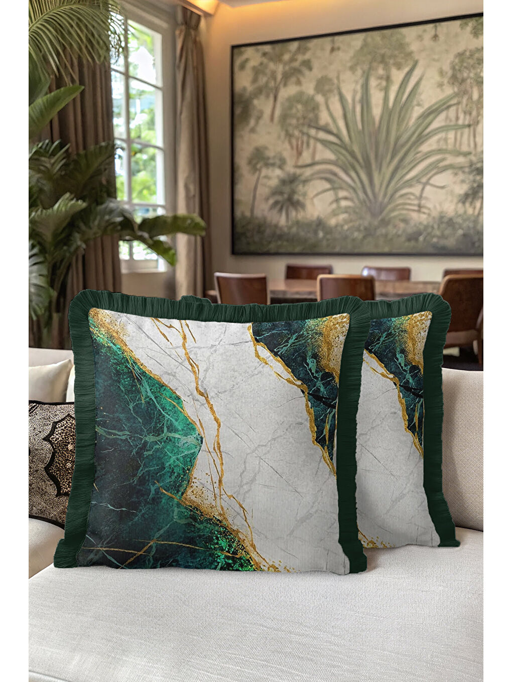 Karışık Mermer Efektli Lüks Saçaklı Yastık Kılıfı - Modern Zümrüt Yeşili Altın Renk Püsküllü Kırlent Kılıfı-5