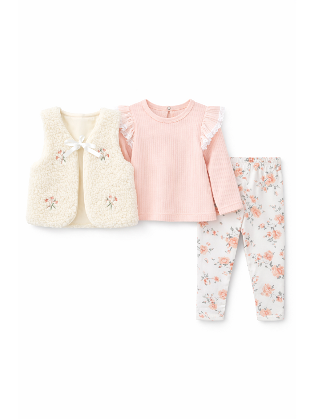 Pembe Kız Bebek Çiçekli Pelüş Yelekli 3 Parça Bebek Takımı Üst Alt Set Pamuklu Bayramlık-3