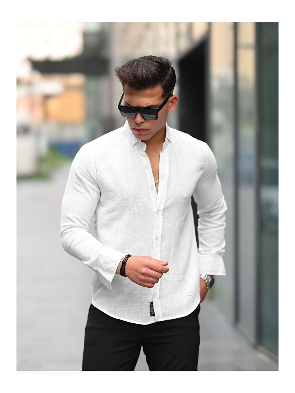 Beyaz Erkek A Kalite Keten Slim Fit Uzun Kol Gömlek-2
