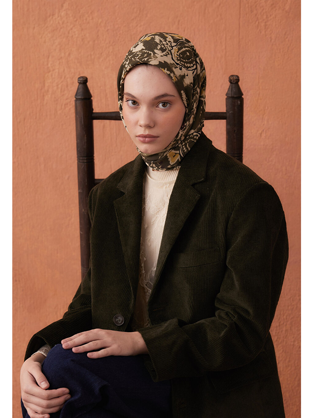 Floral Paısley Desen Pamuk İpek Eşarp Koyu Haki