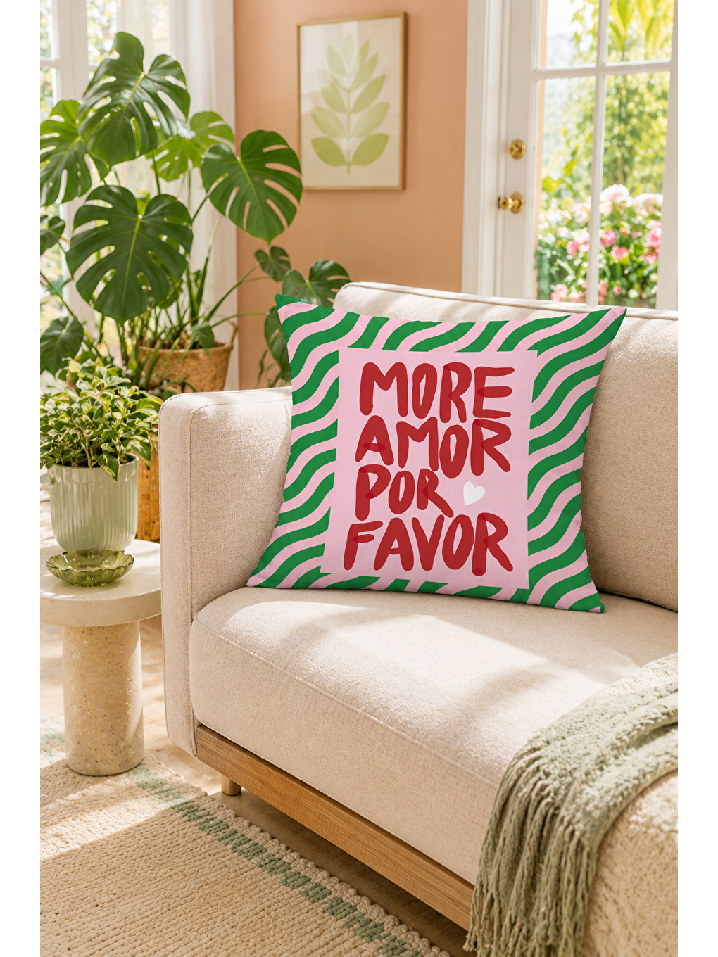 Beyaz More Amor Por Favor Yazı Baskılı Dekoratif Kırlent Kılıfı Bohem Balkon Dekoru 43x43 Cm-4