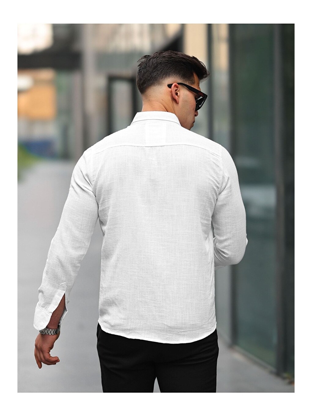Beyaz Erkek A Kalite Keten Slim Fit Uzun Kol Gömlek-3