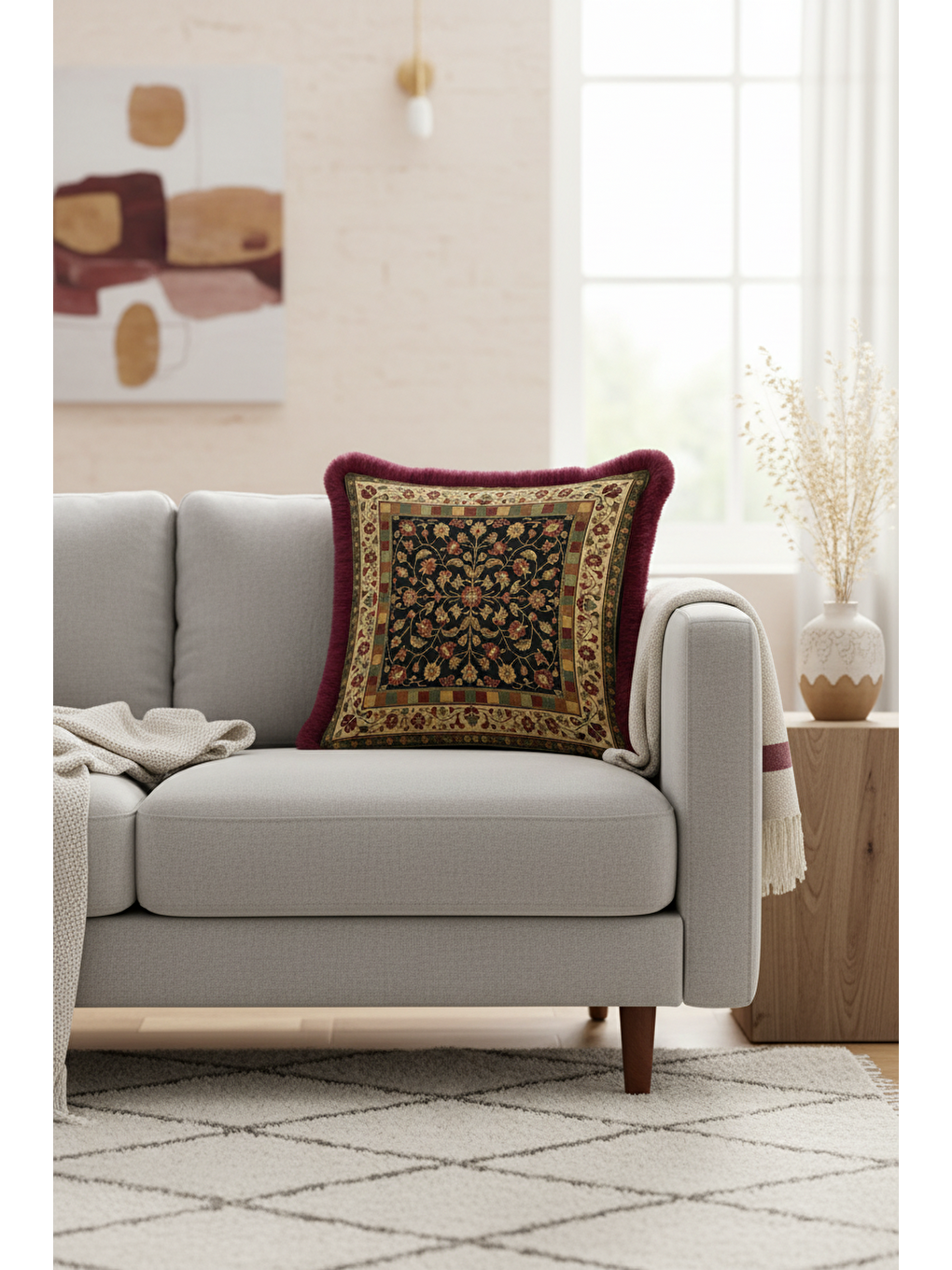 Karışık Saray Motifli Saçaklı Yastık Kılıfı - Vintage Etnik Altın Renkli Bordo Püsküllü Kırlent Kılıfı-3