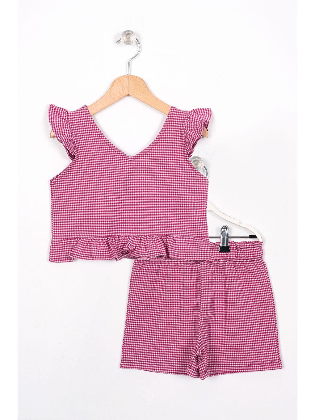 Fuşya V Yaka Fırfır Detaylı Kız Çocuk Şortlu Takım