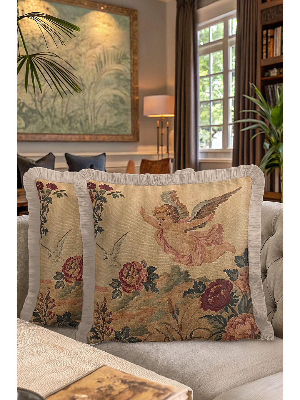 Karışık Barok Melek Figürlü Saçaklı Yastık Kılıfı - Nostaljik Klasik Altın Renkli Püsküllü Kırlent Kılıfı-7