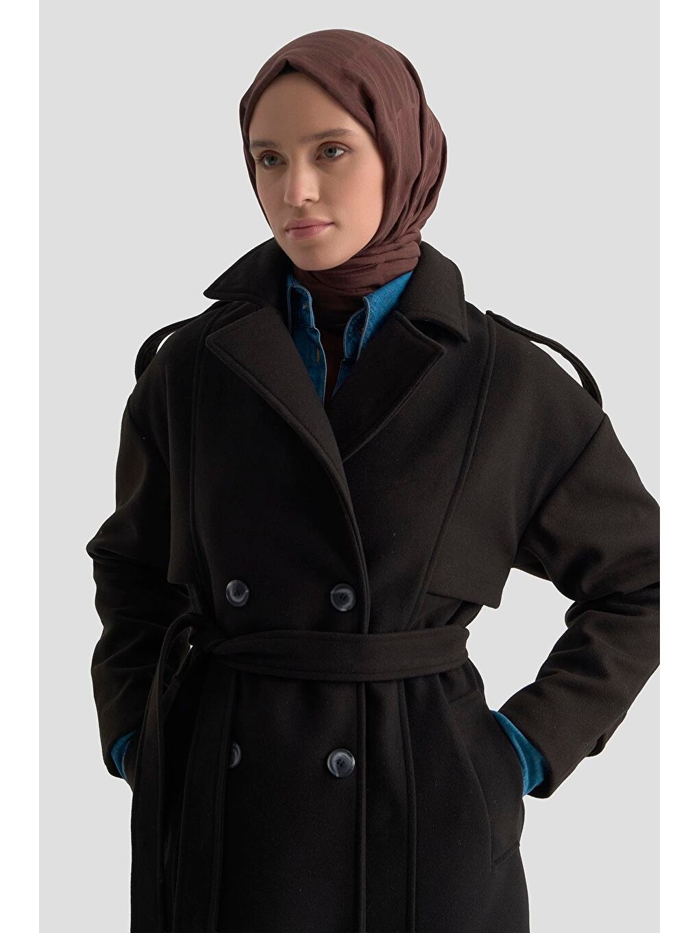 Aller Detaylı Düğmeli Manto 25Kt1729 Siyah-3