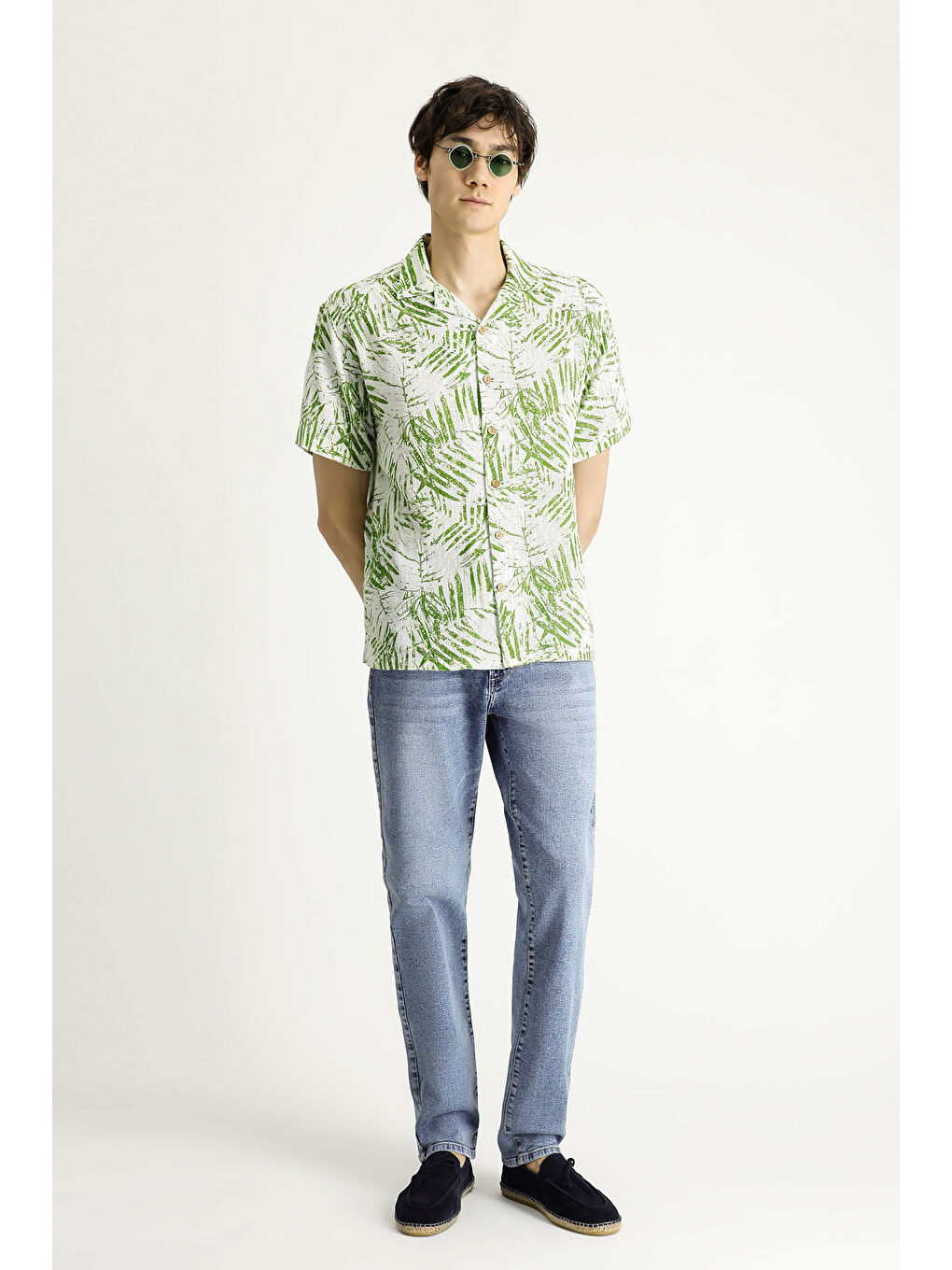 Yeşil Kısa Kol Oversize Desenli Spor Pamuk Gömlek-2