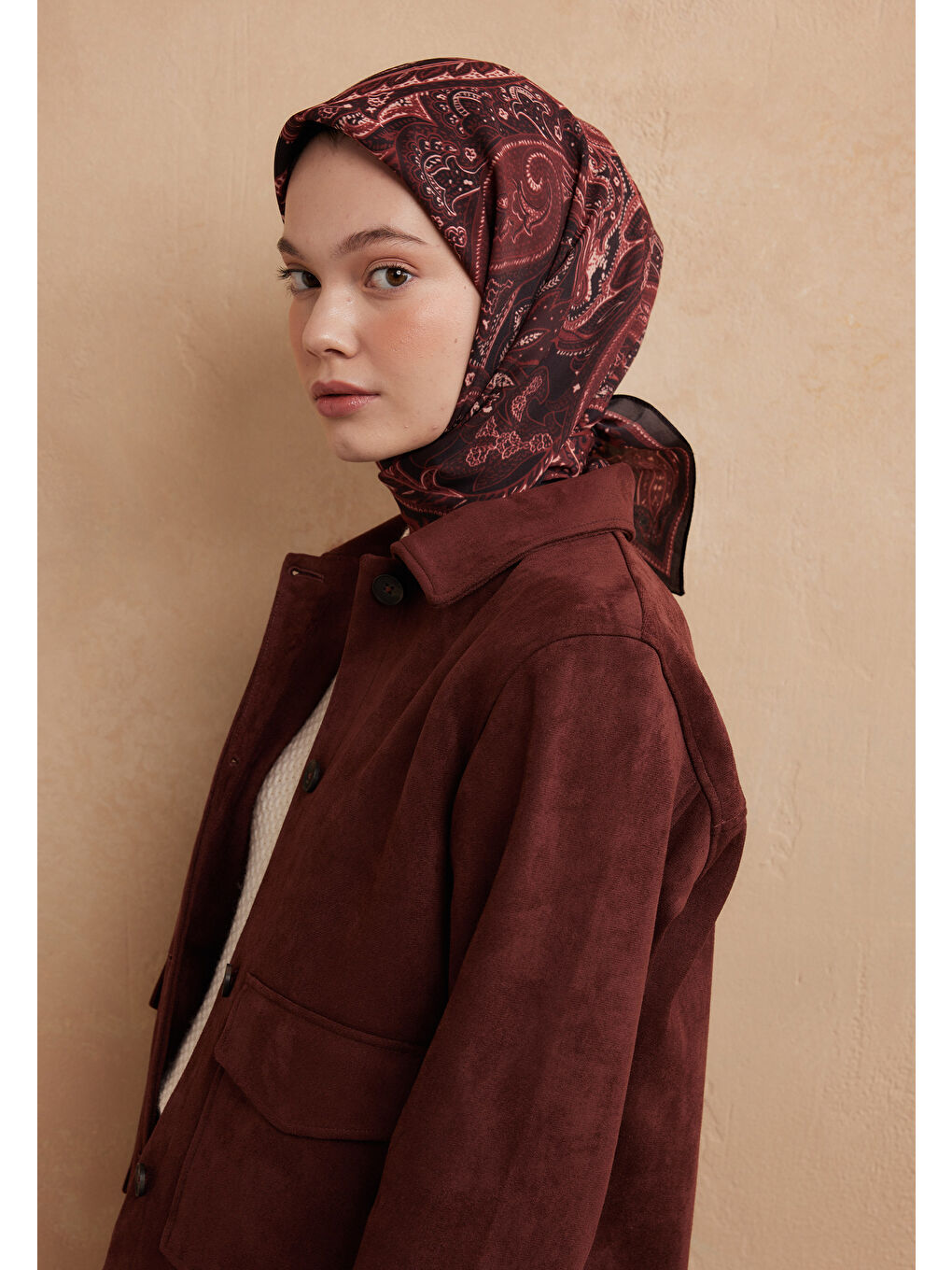 Dark Vıntage Desen Pamuk İpek Eşarp Bordo-1