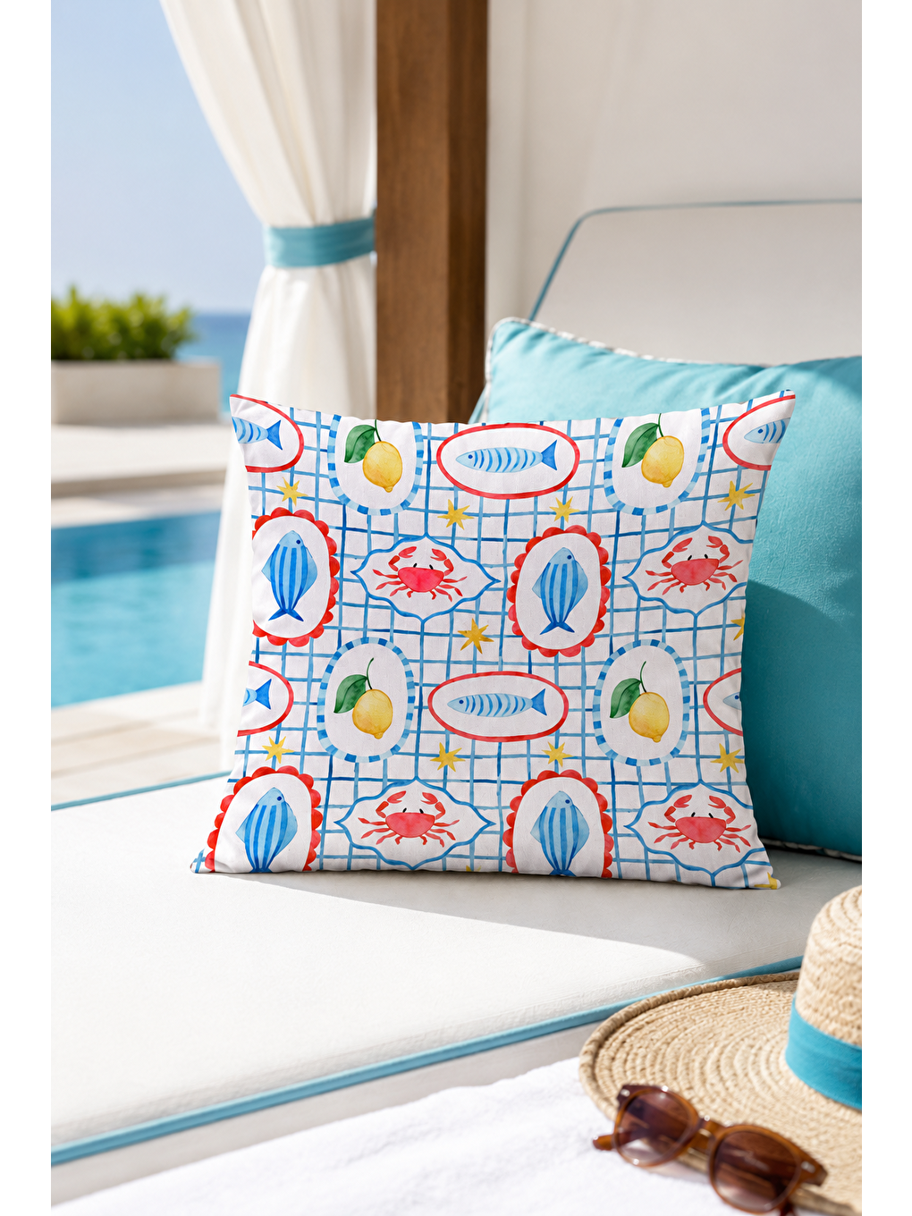 Beyaz Akdeniz Balık Limon Mozaik Desenli Dekoratif Kırlent Kılıfı Marin Yazlık 43x43 Cm-3