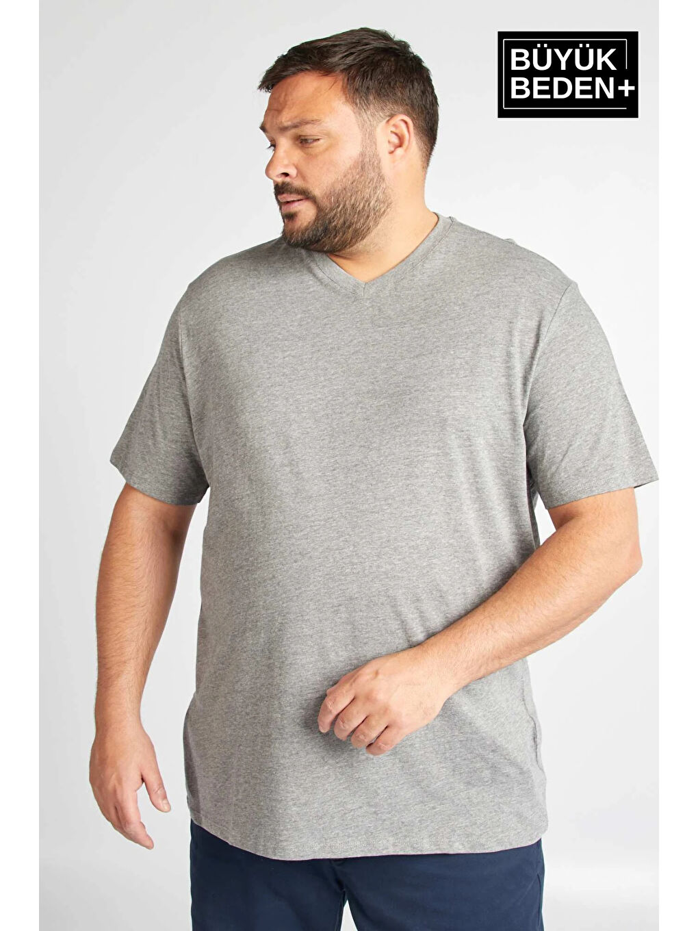 Gri Erkek  V Yaka Büyük Beden Tişört SPRBTS09-1