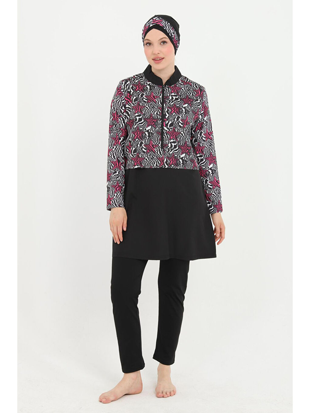 Büyük Beden Desenli Tam Kapalı Tesettür Mayo 11 Siyah07-1