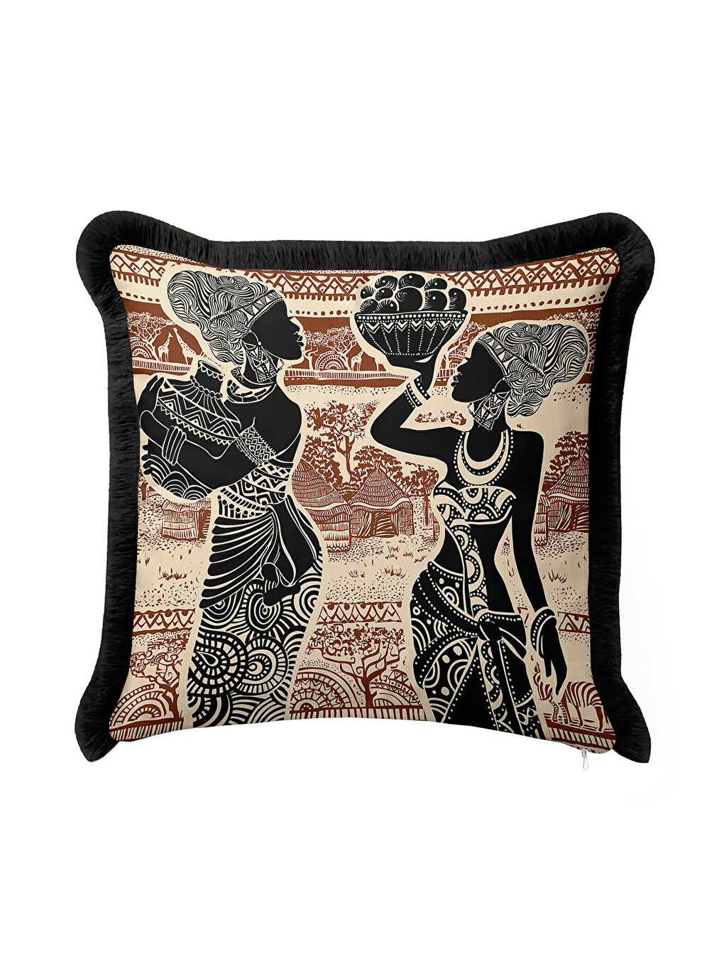 Karışık Afrika Esintili Etnik Saçaklı Yastık Kılıfı - Bohem Doğal Kahverengi Siyah Püsküllü Kırlent Kılıfı-4