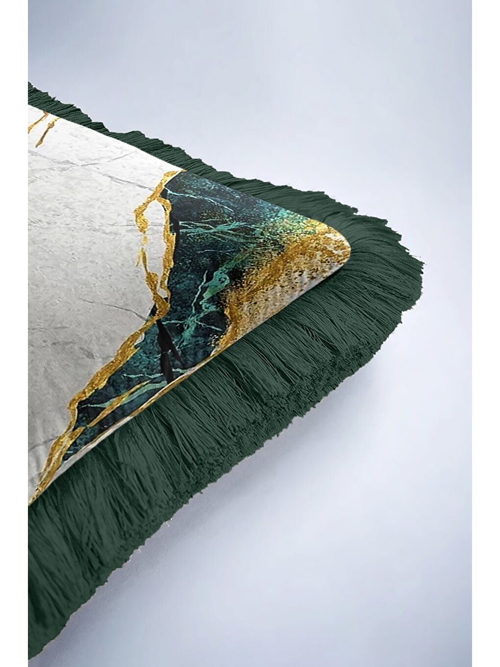 Karışık Mermer Efektli Lüks Saçaklı Yastık Kılıfı - Modern Zümrüt Yeşili Altın Renk Püsküllü Kırlent Kılıfı-6