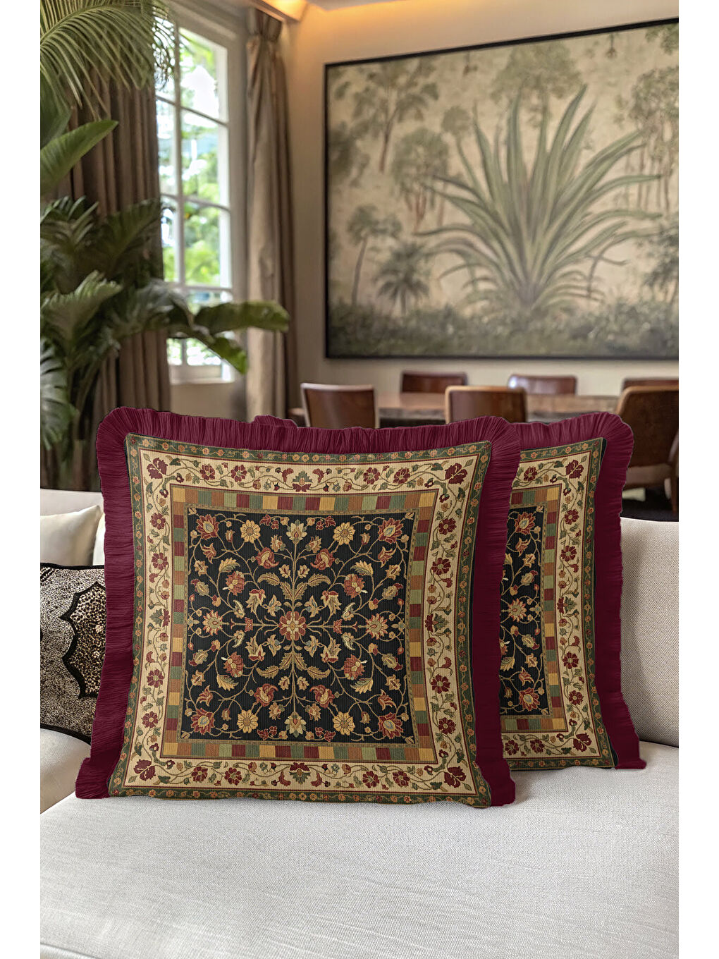 Karışık Saray Motifli Saçaklı Yastık Kılıfı - Vintage Etnik Altın Renkli Bordo Püsküllü Kırlent Kılıfı-5