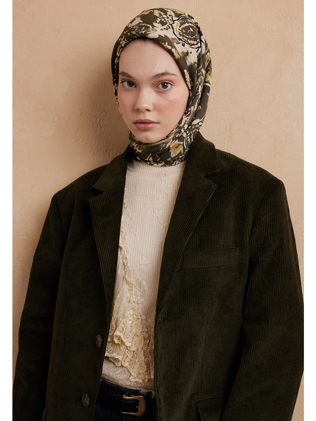 Floral Paısley Desen Pamuk İpek Eşarp Koyu Haki-1