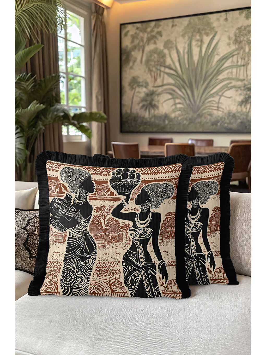 Karışık Afrika Esintili Etnik Saçaklı Yastık Kılıfı - Bohem Doğal Kahverengi Siyah Püsküllü Kırlent Kılıfı-5