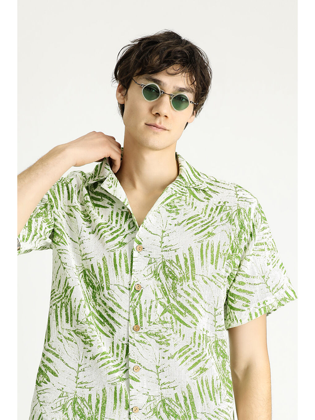 Yeşil Kısa Kol Oversize Desenli Spor Pamuk Gömlek-3