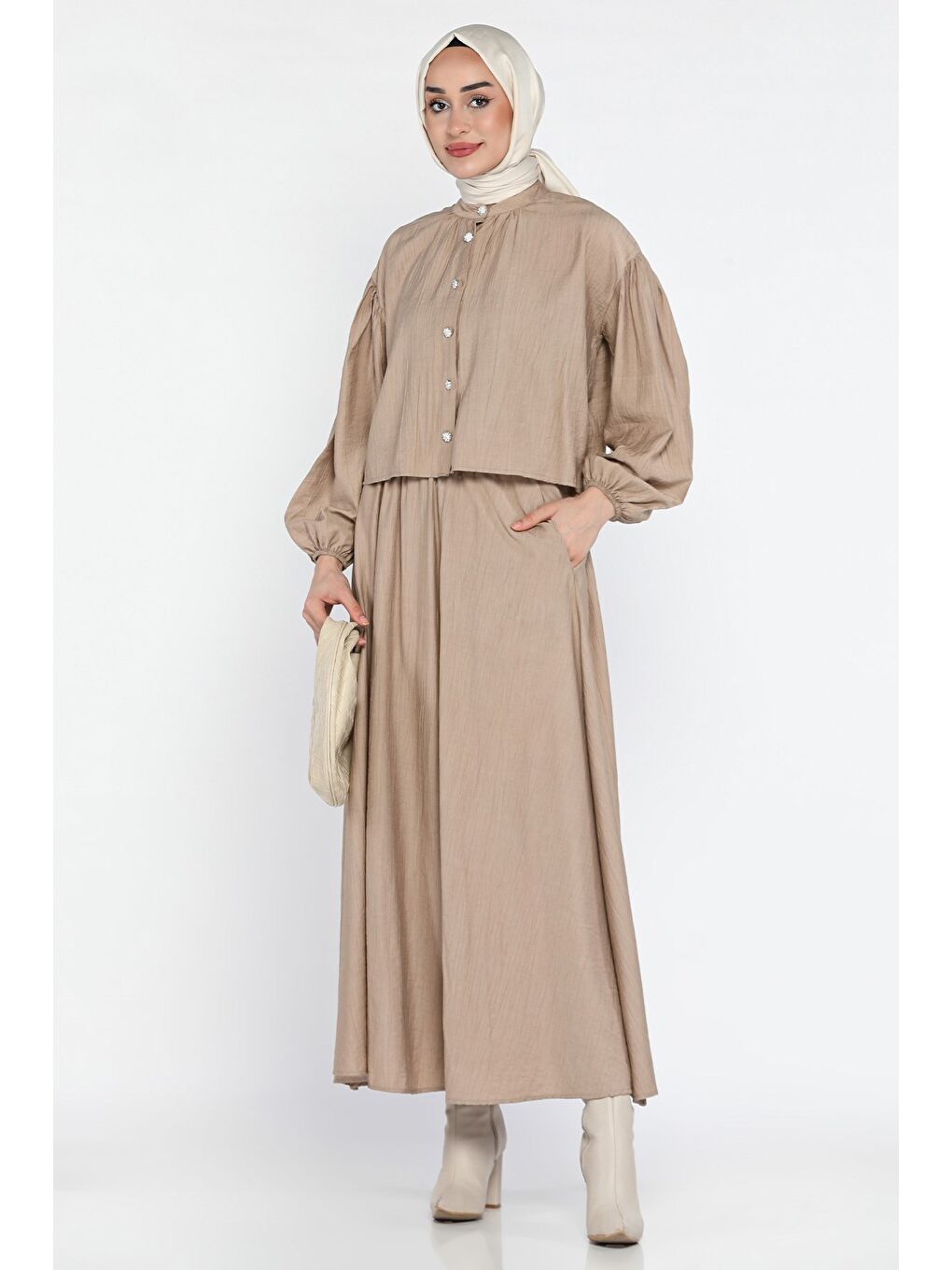 Bej Cep Detaylı Etek Gömlek Tesettür İkili Takım