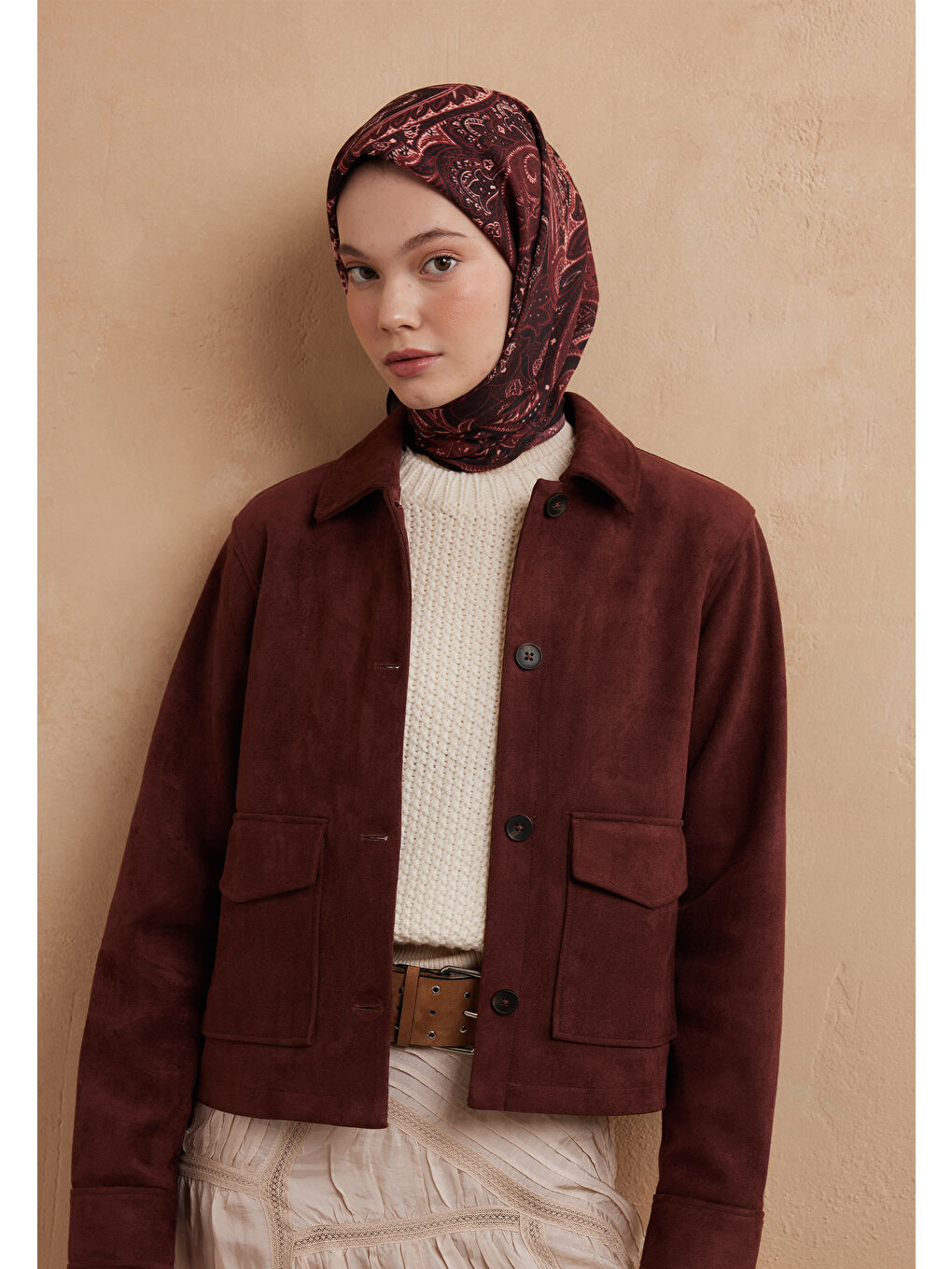Dark Vıntage Desen Pamuk İpek Eşarp Bordo-2