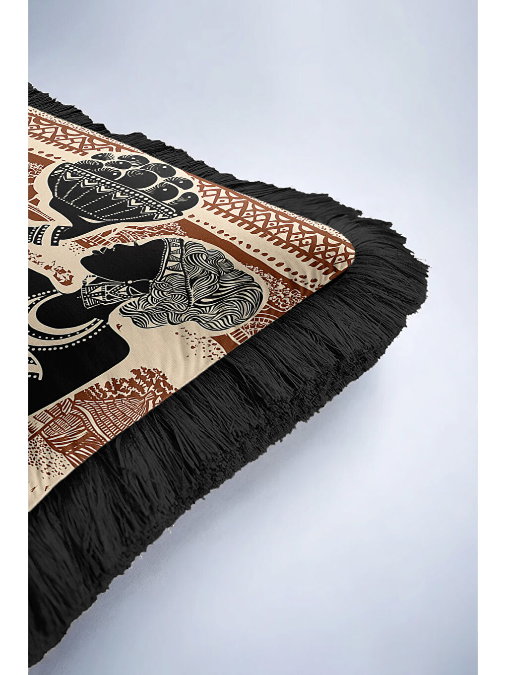 Karışık Afrika Esintili Etnik Saçaklı Yastık Kılıfı - Bohem Doğal Kahverengi Siyah Püsküllü Kırlent Kılıfı-6