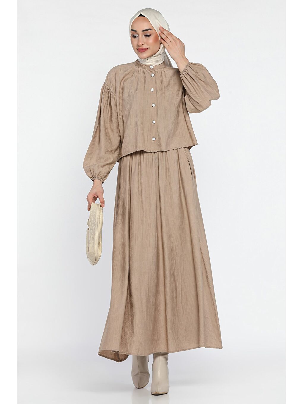 Bej Cep Detaylı Etek Gömlek Tesettür İkili Takım-2
