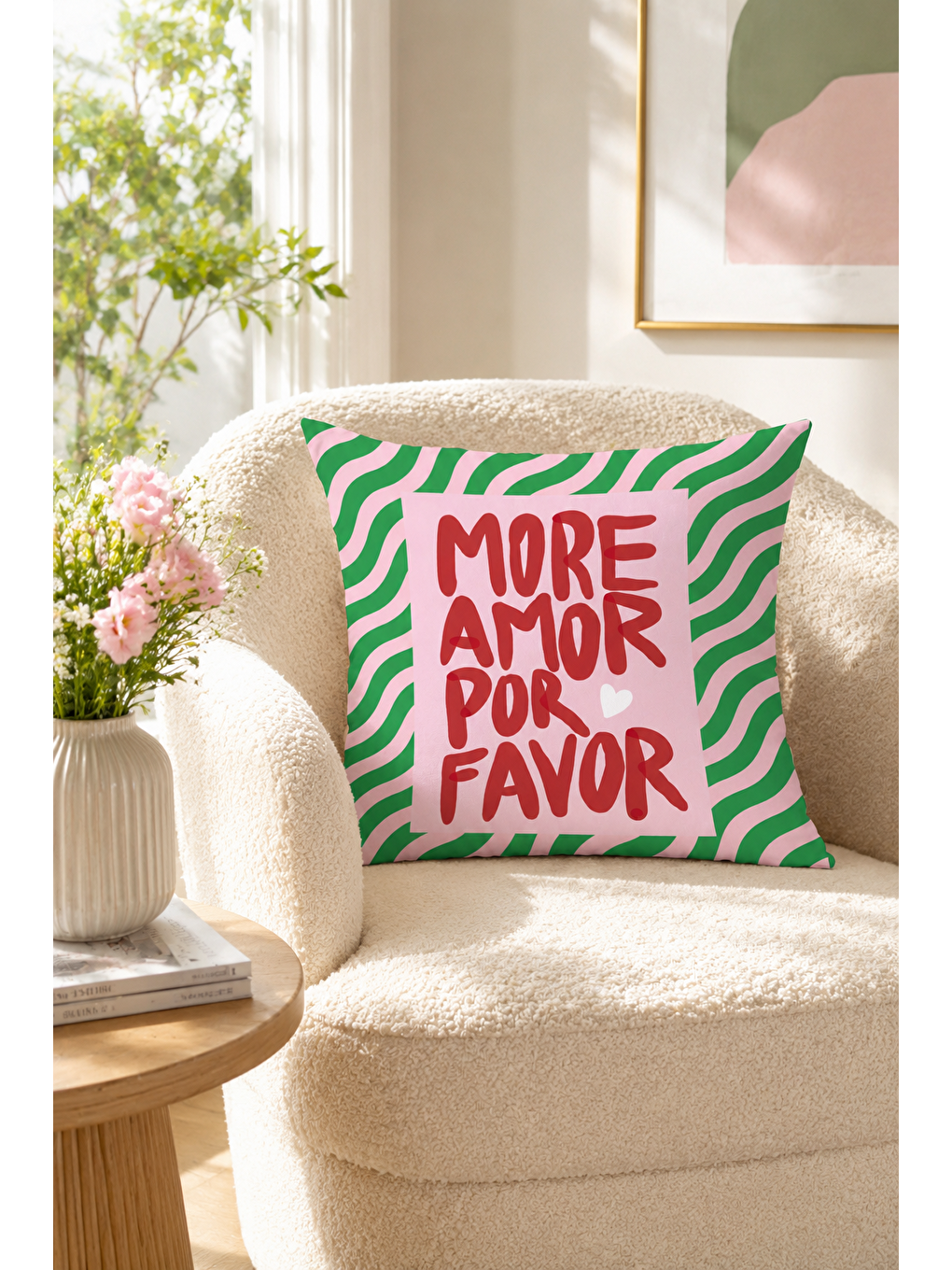 Beyaz More Amor Por Favor Yazı Baskılı Dekoratif Kırlent Kılıfı Bohem Balkon Dekoru 43x43 Cm-5