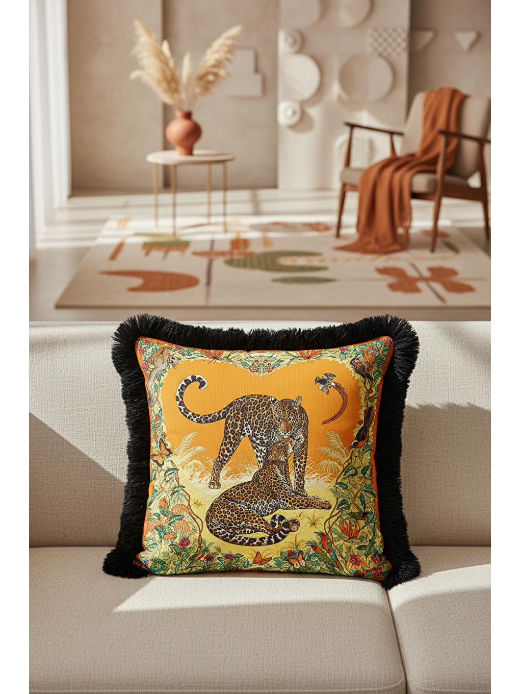 Karışık Egzotik Leopar Vahşi Doğa Saçaklı Yastık Kılıfı - Tropik Bohem Turuncu Siyah Püsküllü Kırlent Kılıfı-1