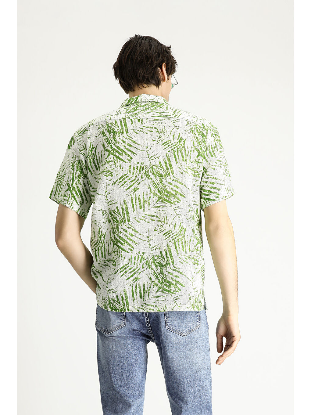 Yeşil Kısa Kol Oversize Desenli Spor Pamuk Gömlek-4