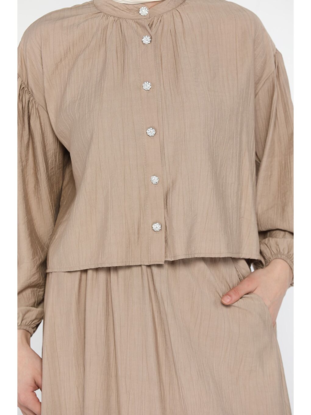 Bej Cep Detaylı Etek Gömlek Tesettür İkili Takım-6