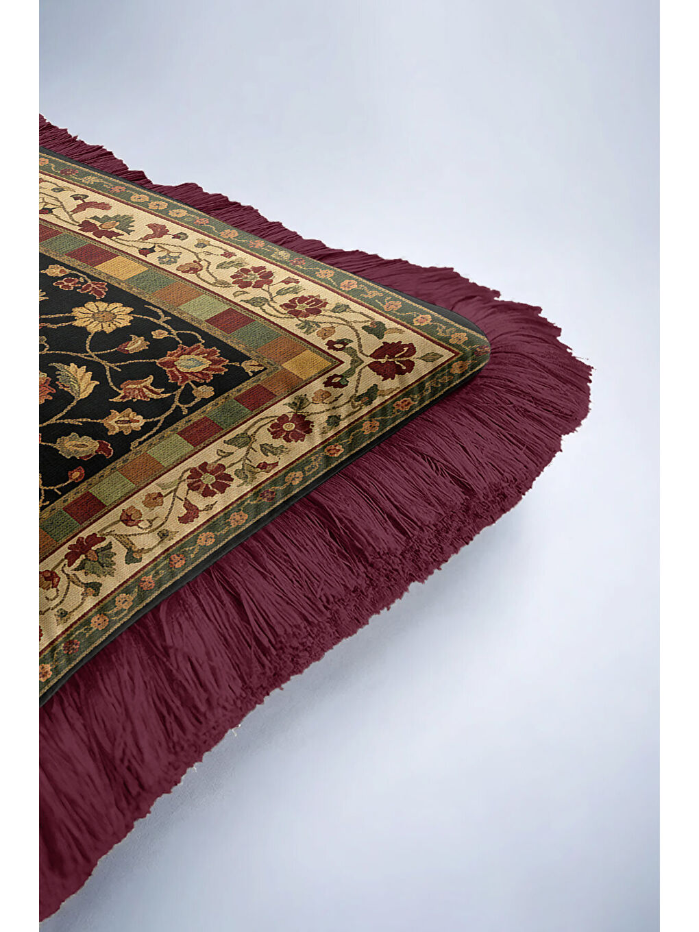 Karışık Saray Motifli Saçaklı Yastık Kılıfı - Vintage Etnik Altın Renkli Bordo Püsküllü Kırlent Kılıfı-6